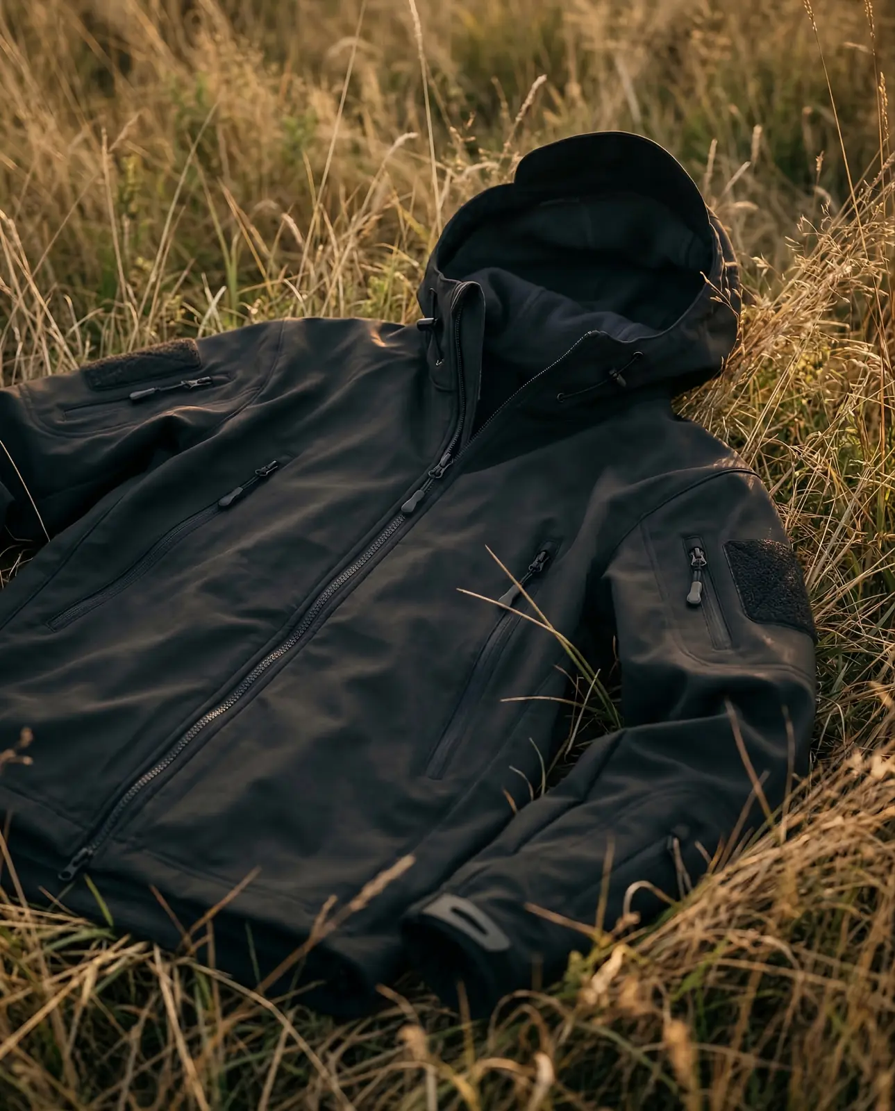 Black technical hooded jacket lying in tall dry grass in low evening light