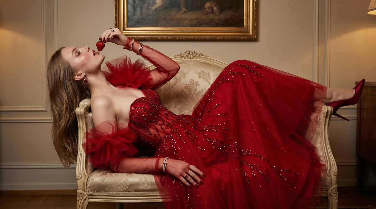 Woman in a red tulle dress reclining on a vintage cream couch, holding a strawberry