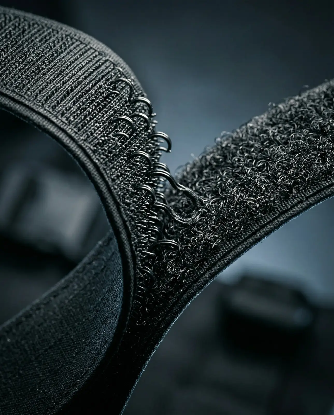 Macro view of black velcro hook-and-loop strap fibres