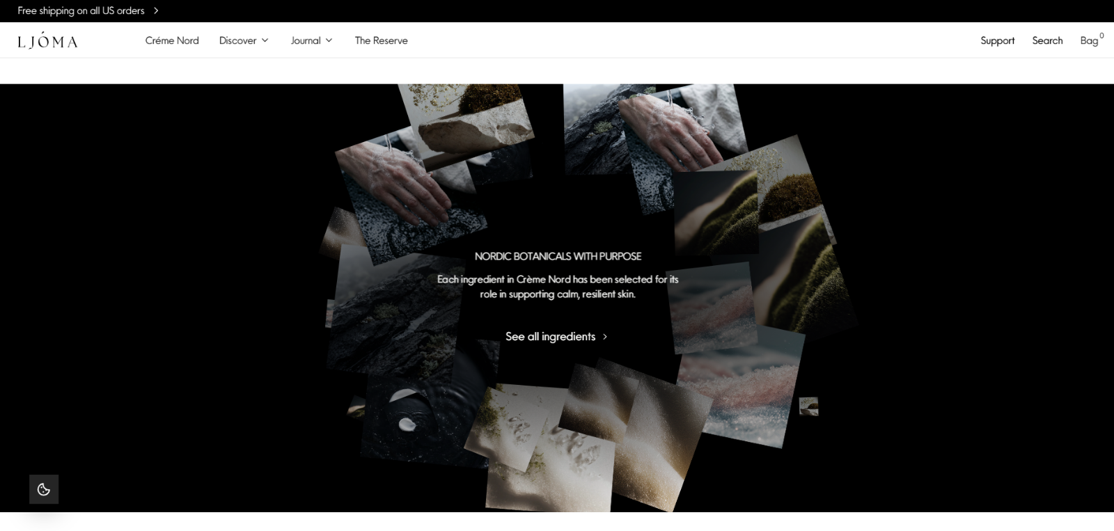 Ljóma ingredients section with a scattered collage of Nordic botanical imagery