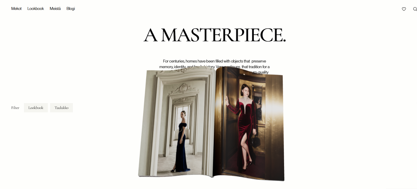 Diva Boutique lookbook page with an open magazine spread and the headline A Masterpiece