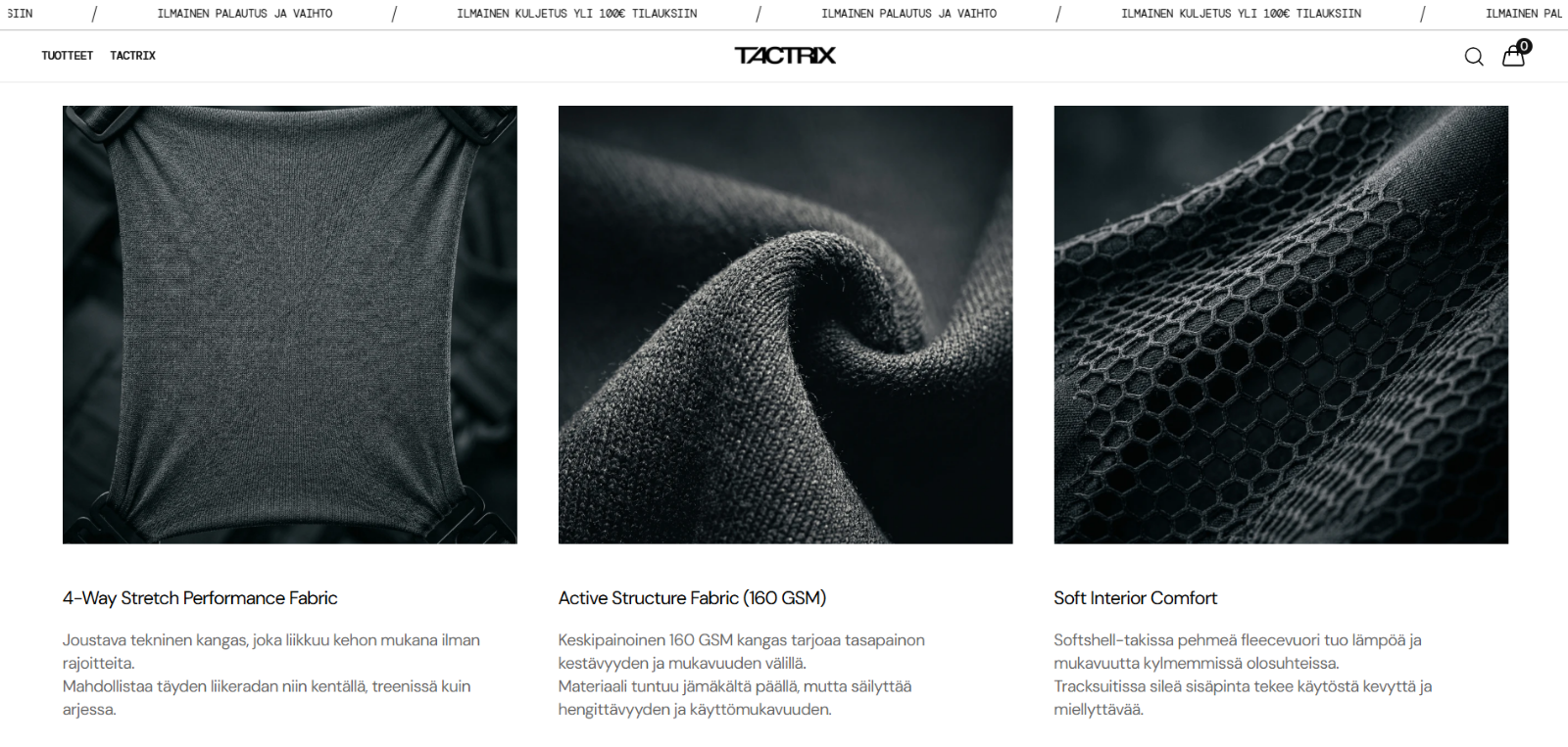 Tactrix fabric detail page showing three technical textile close-ups