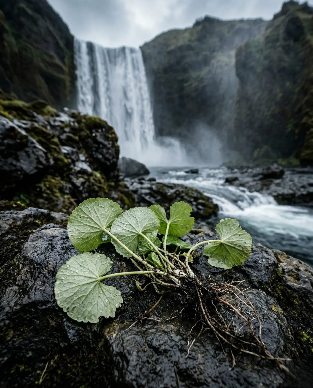 Nordic botanical plant on wet rock in front of a waterfall