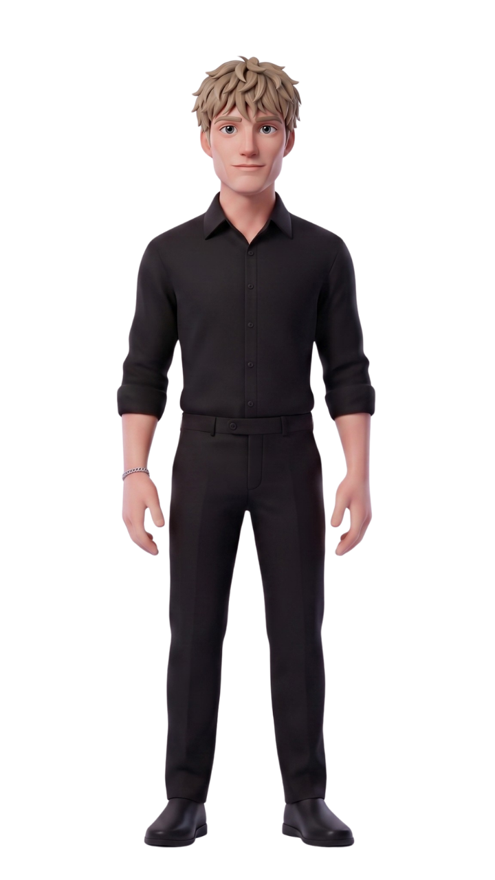Illustrated full-length figure of André Lindroos in black clothing