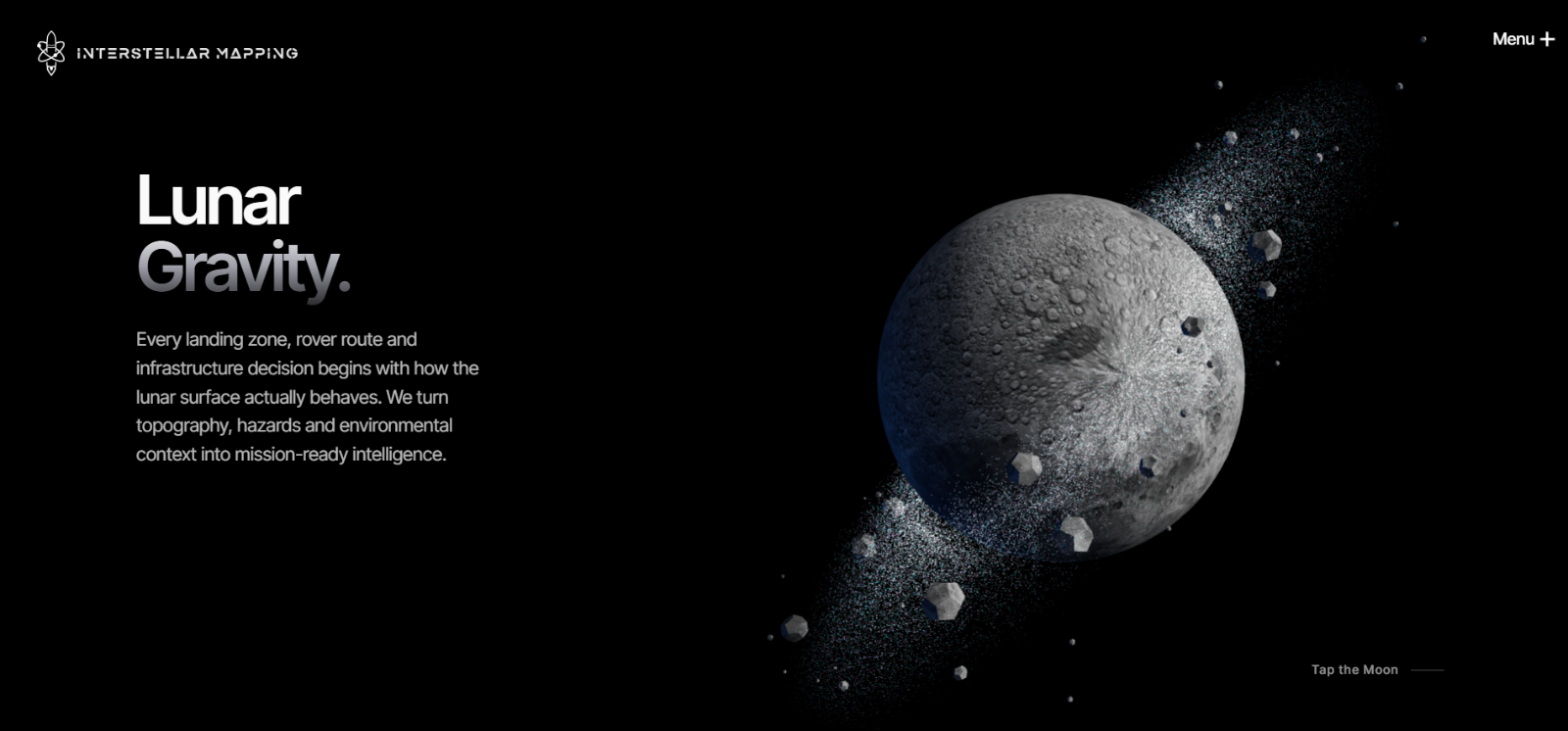 Interstellar Mapping hero with a rendered moon and lunar gravity headline
