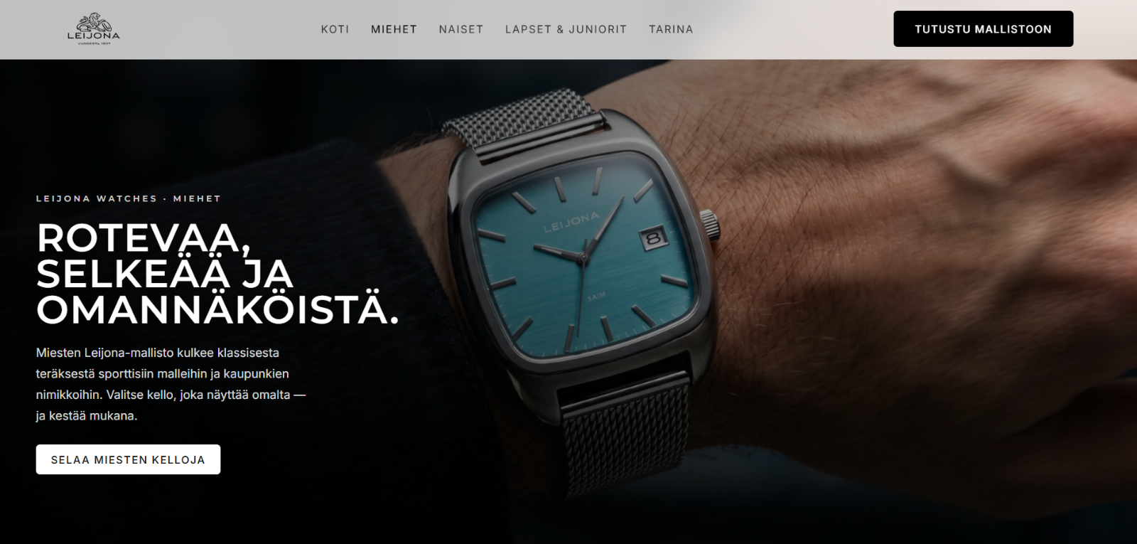 Leijona watches hero with a teal-dial wristwatch on a wrist