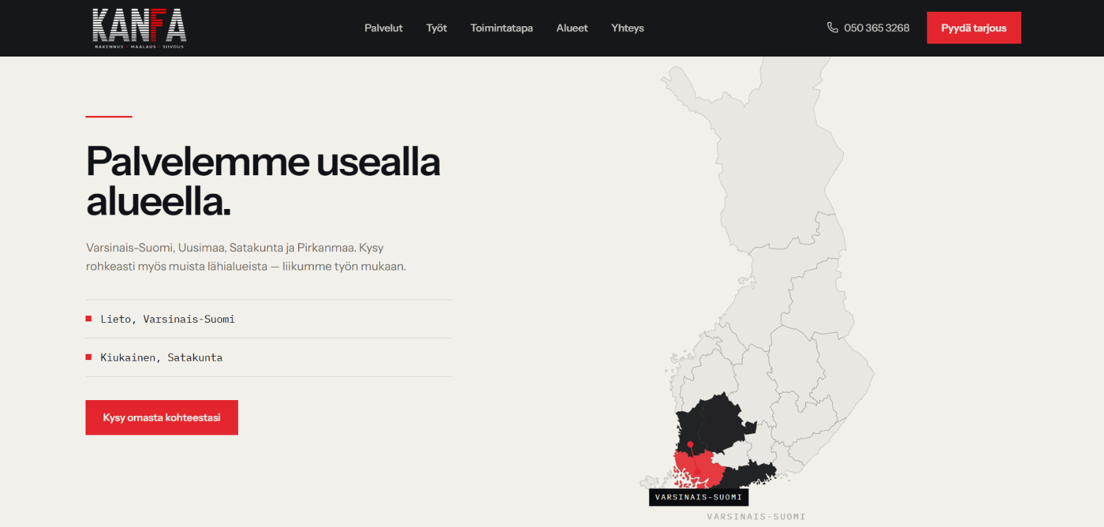 Kanfa service-area page with a map of Finland highlighting southern regions