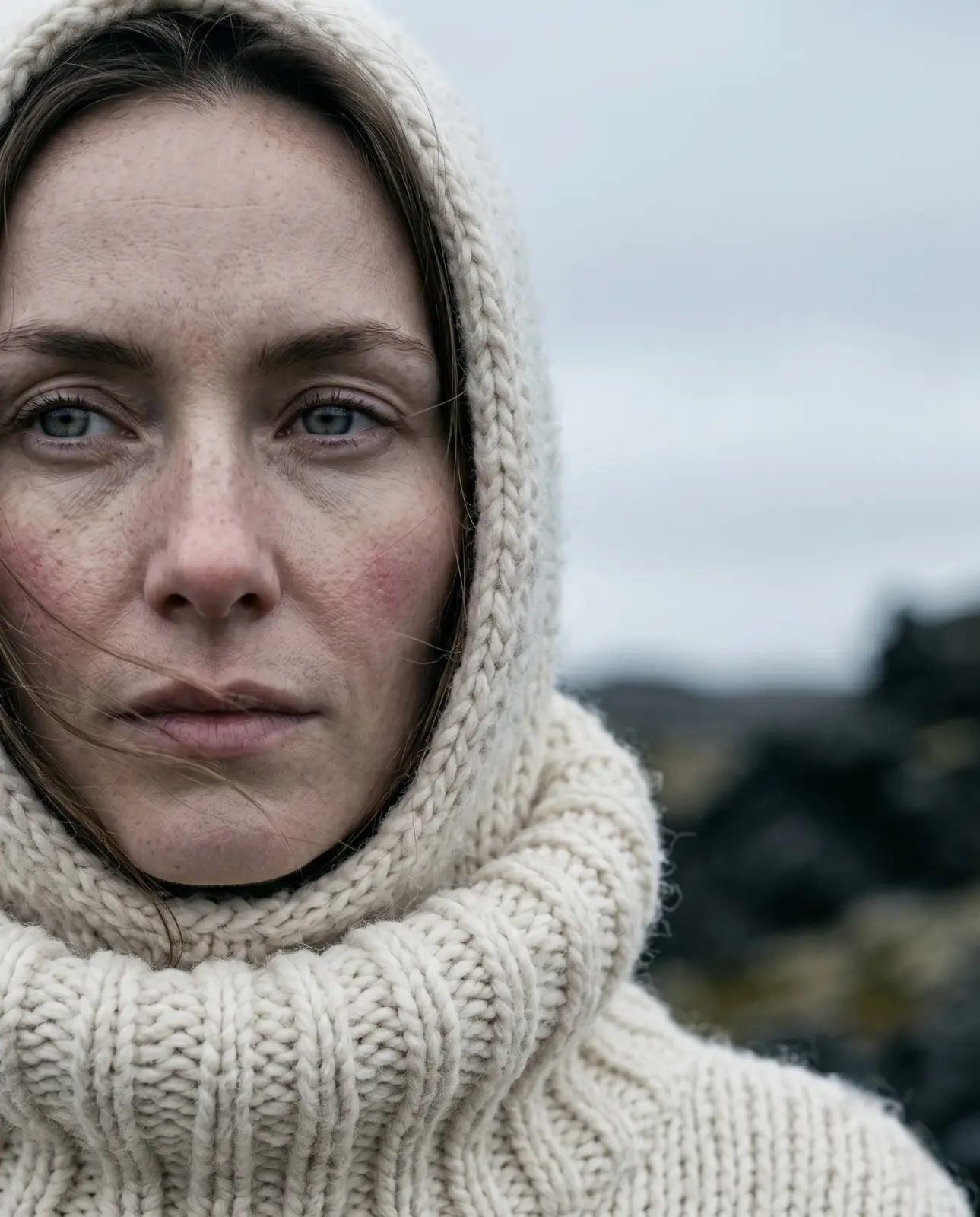 Close portrait of a woman in a cream knitted hood in cold light