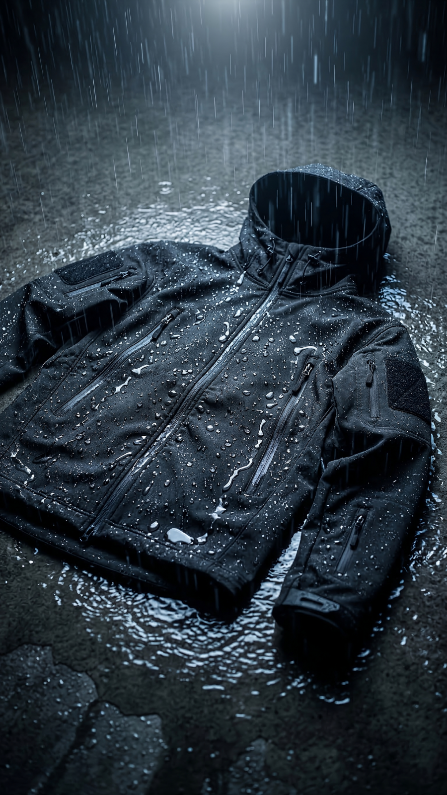 Black technical rain jacket lying on wet ground in heavy rain