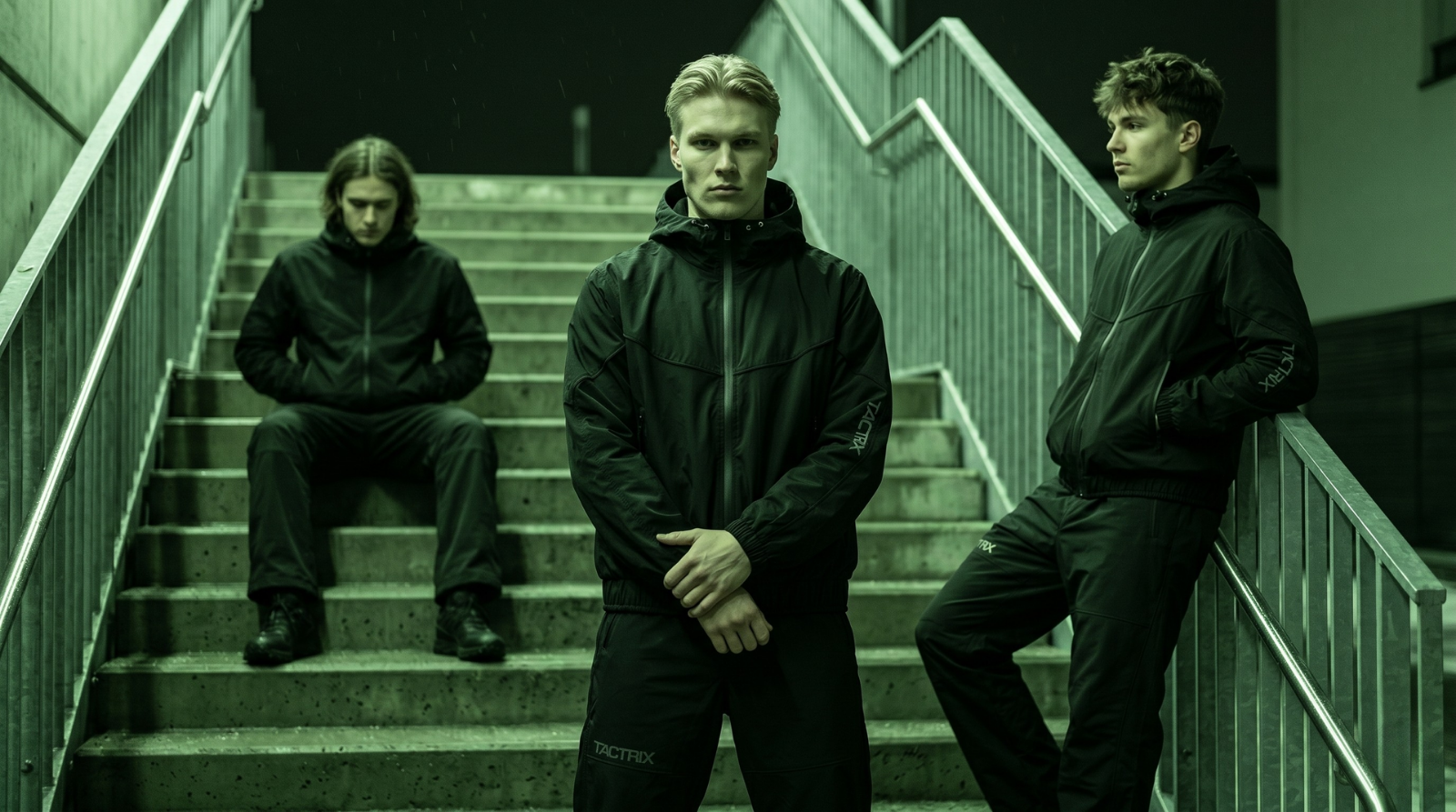 Three men in black technical hoodies on outdoor concrete stairs under green night lighting